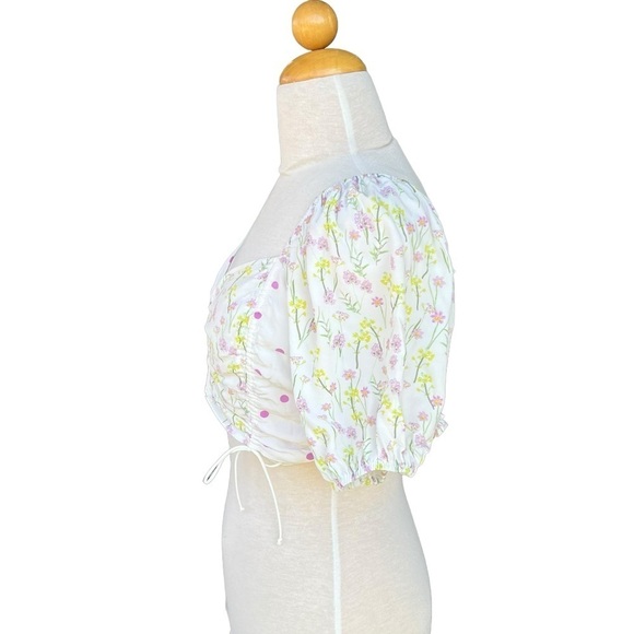 For Love & Lemons Strudel Floral Blouse Puff Sleeve Polka Dot Cropped Smocked LG - Picture 3 of 13